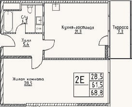 Планировка: 2-к, 61,5 м²