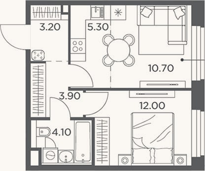 Планировка: 2-к, 39,2 м²