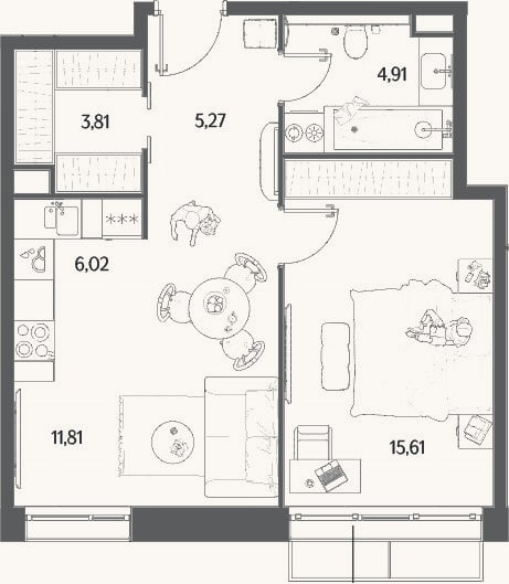 Планировка: 2-к, 47,4 м²