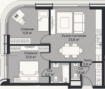 Планировка: 3-к, 55 м²