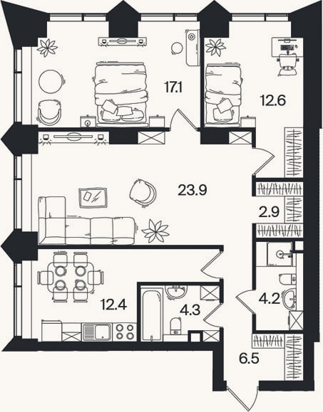 Планировка: 3-к, 83,9 м²