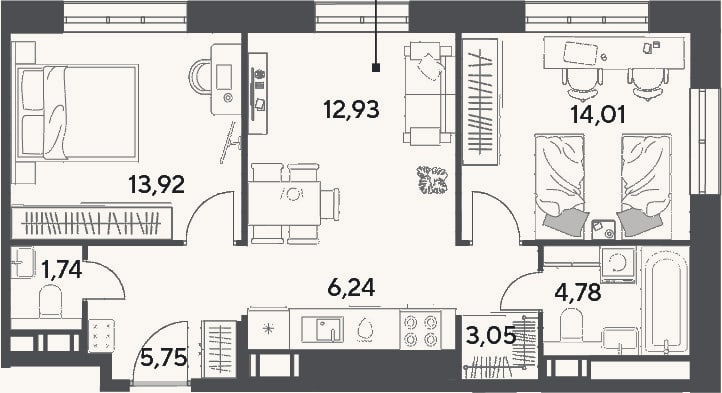 Планировка: 3-к, 62,4 м²