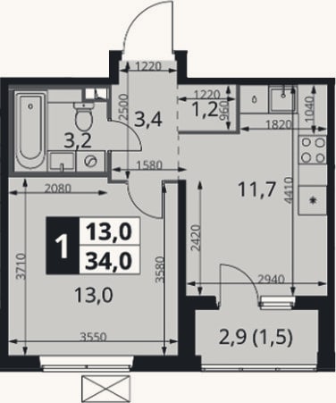 Планировка: 1-к, 32,5 м²