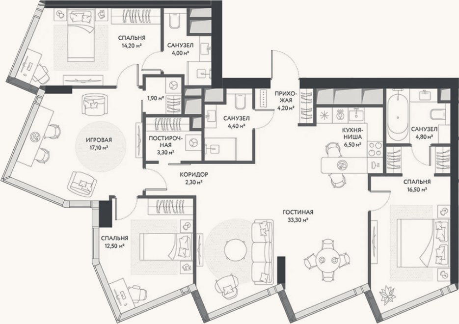 Планировка: 4+ к, 125 м²