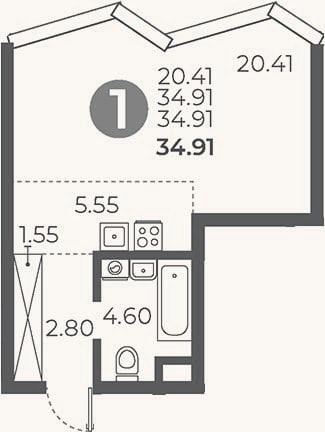 Планировка: Студия, 34,9 м²