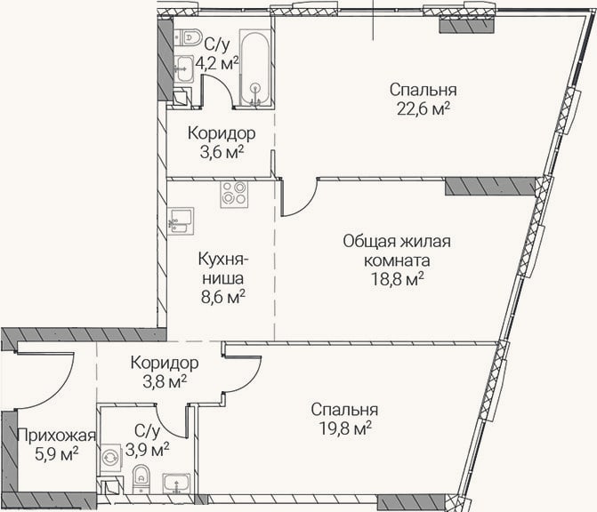 Планировка: 3-к, 91,2 м²