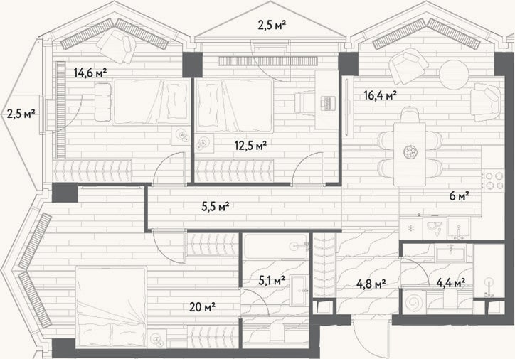 Планировка: 4+ к, 89,3 м²