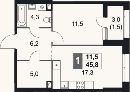 Планировка: 2-к, 44,3 м²