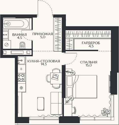 Планировка: 1-к, 43,7 м²