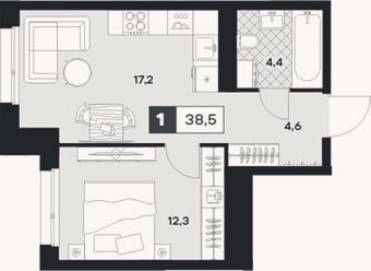 Планировка: 1-к, 38,5 м²
