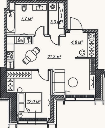 Планировка: 2-к, 48,8 м²