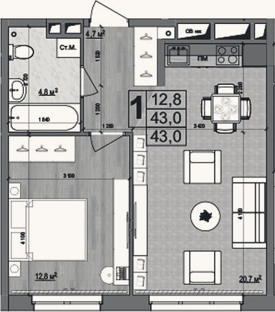 Планировка: 2-к, 43 м²