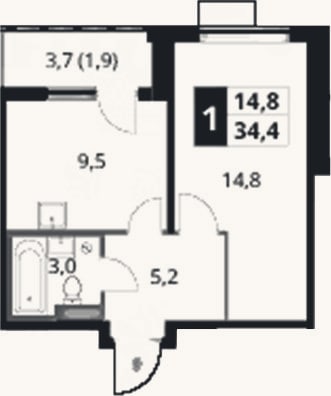 Планировка: 1-к, 32,5 м²