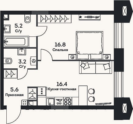 Планировка: 2-к, 47,2 м²