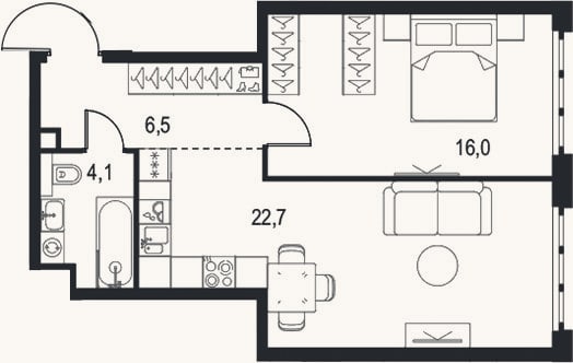 Планировка: 1-к, 49,3 м²