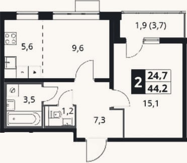Планировка: 2-к, 42,3 м²