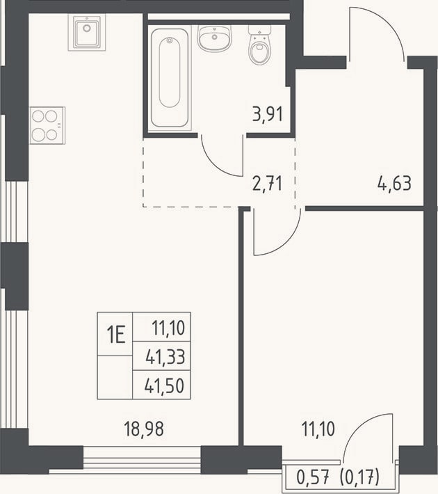 Планировка: 2-к, 41,3 м²
