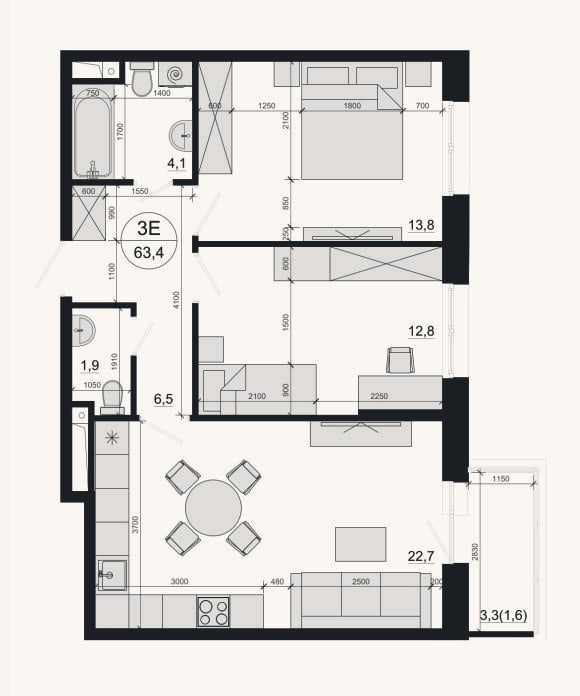 Планировка: 3-к, 60,2 м²