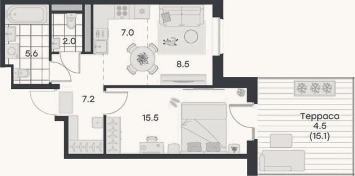 Планировка: 2-к, 45,8 м²
