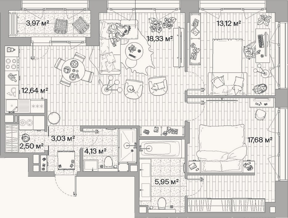Планировка: 3-к, 77,4 м²