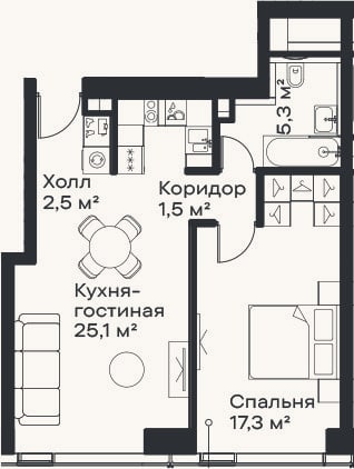 Планировка: 2-к, 51,7 м²
