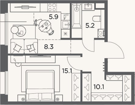 Планировка: 2-к, 44,6 м²