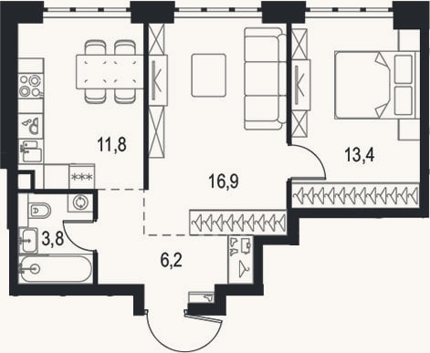 Планировка: 2-к, 52,1 м²