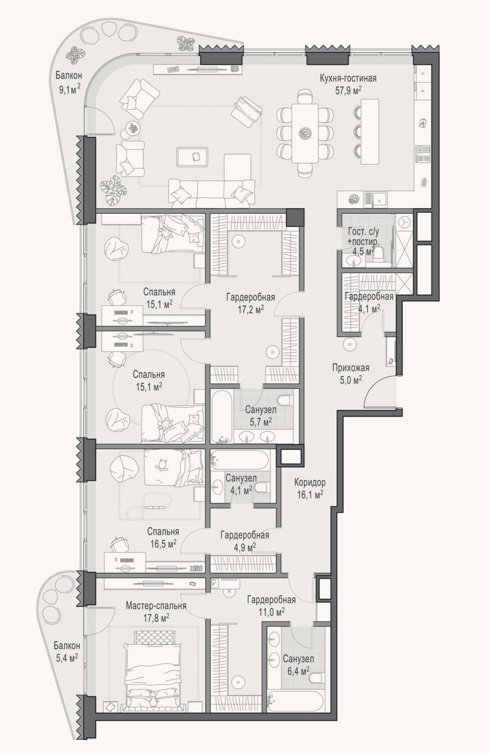 Планировка: 4+ к, 201,7 м²