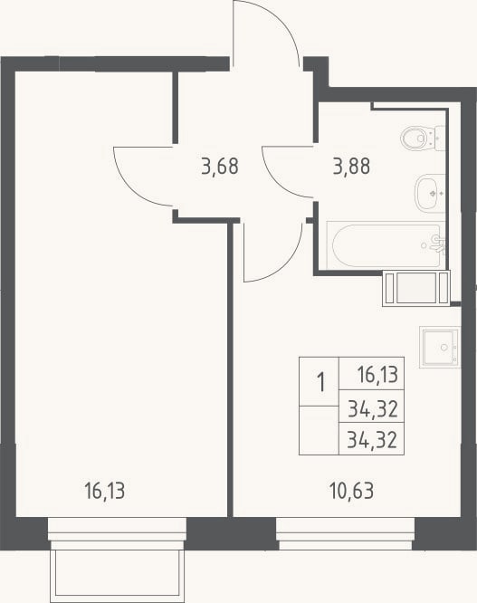 Планировка: 1-к, 34,3 м²