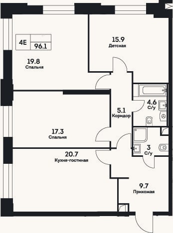 Планировка: 4+ к, 96,1 м²
