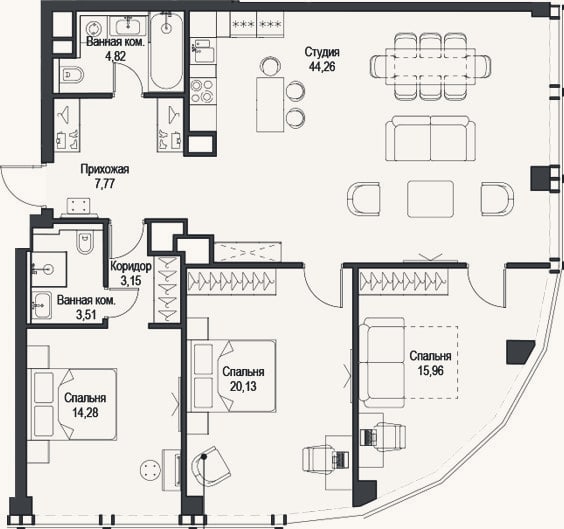 Планировка: 4+ к, 115 м²