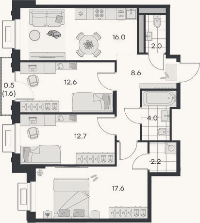 Планировка: 3-к, 75,7 м²