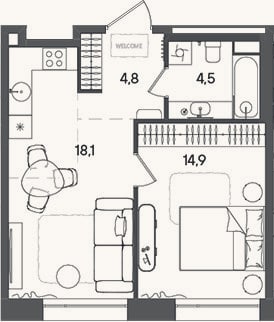 Планировка: 2-к, 42,3 м²