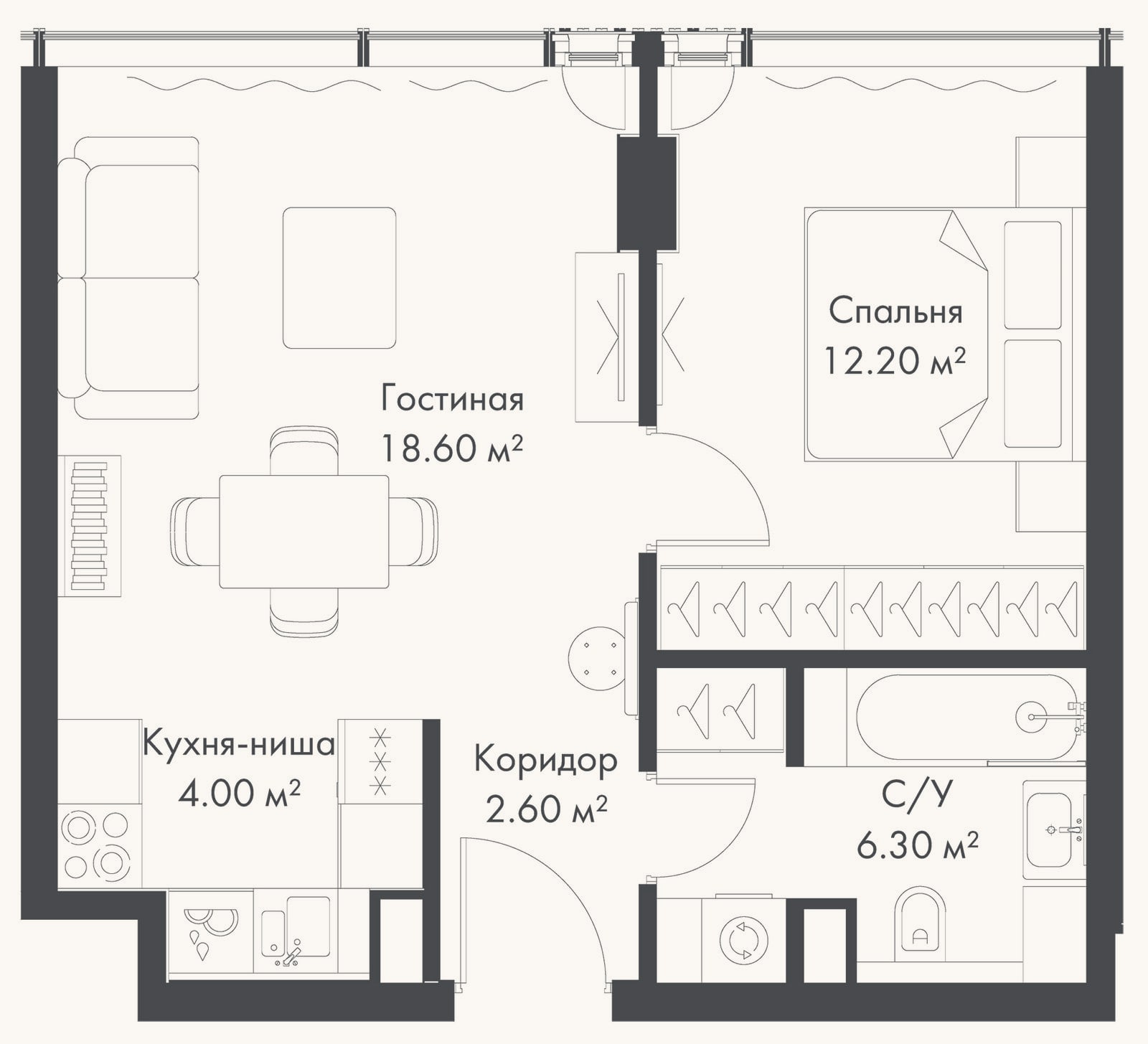Планировка: 2-к, 43,7 м²