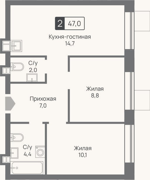 Планировка: 3-к, 47 м²