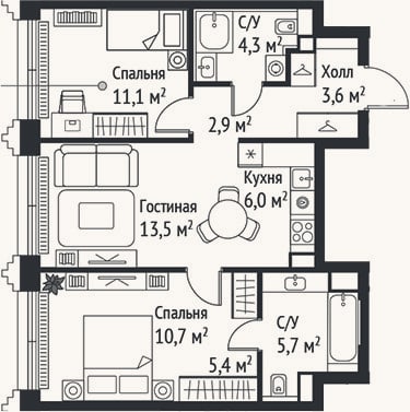 Планировка: 3-к, 63,2 м²