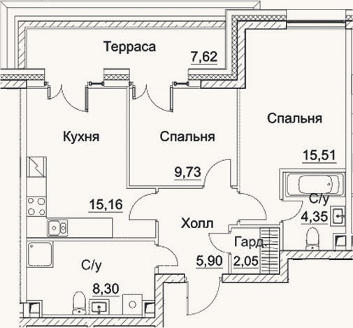 Планировка: 3-к, 61 м²