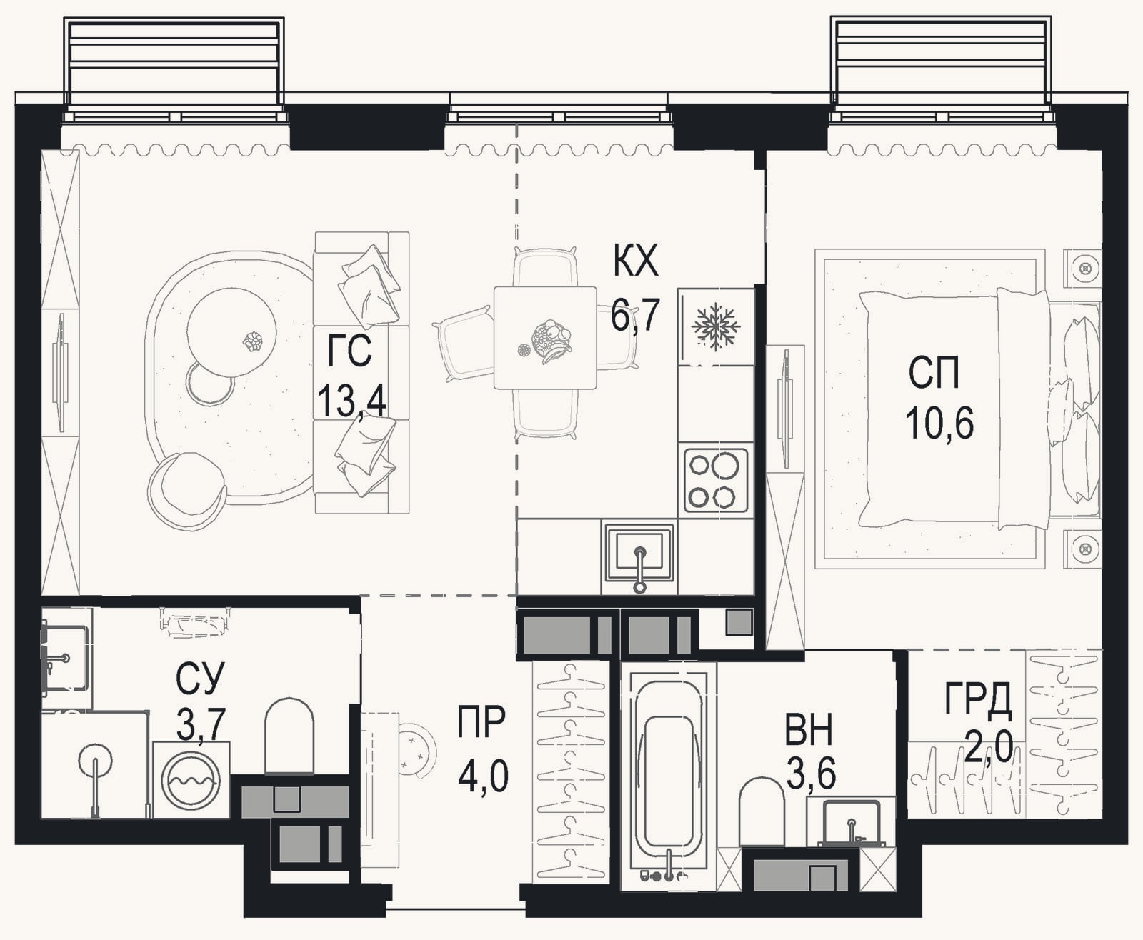 Планировка: 2-к, 44 м²