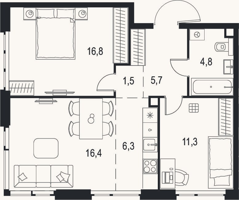 Планировка: 3-к, 62,8 м²