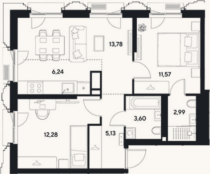Планировка: 3-к, 55,6 м²