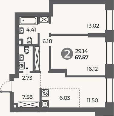 Планировка: 2-к, 67,6 м²