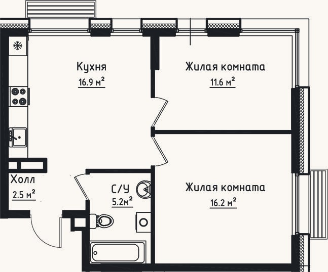 Планировка: 2-к, 52,4 м²