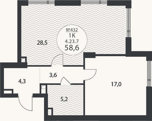 Планировка: 1-к, 58,6 м²