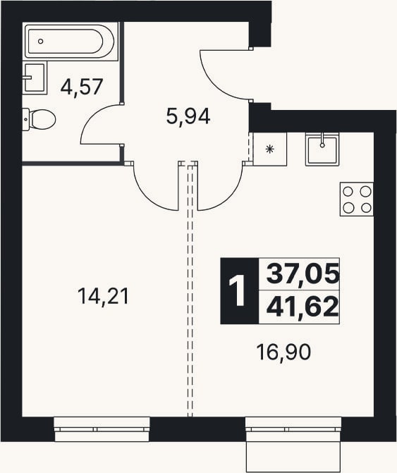 Планировка: 2-к, 41,6 м²