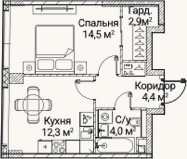 Планировка: 1-к, 38,3 м²