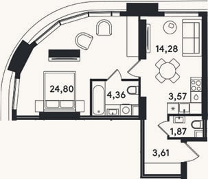 Планировка: 2-к, 52,5 м²