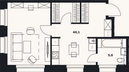 Планировка: Студия, 45,1 м²