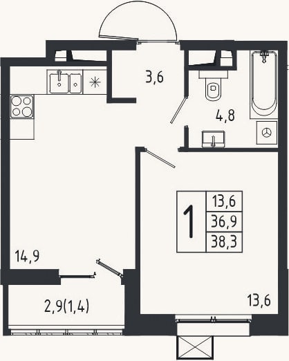 Планировка: 1-к, 36,9 м²