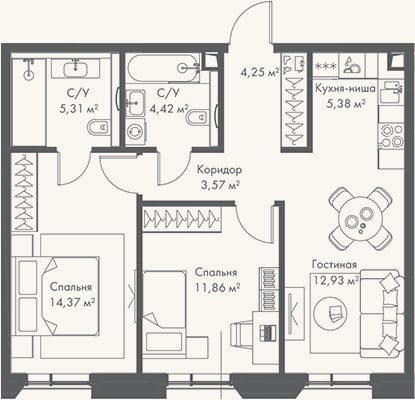 Планировка: 3-к, 62,1 м²