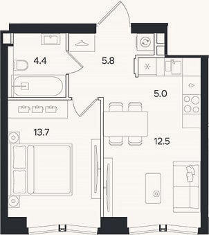 Планировка: 2-к, 41,4 м²
